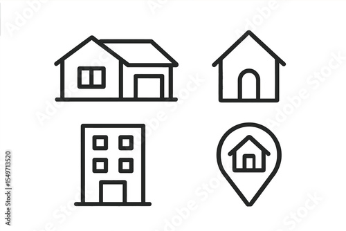 Simple line drawings of various home designs and a location marker against a white background