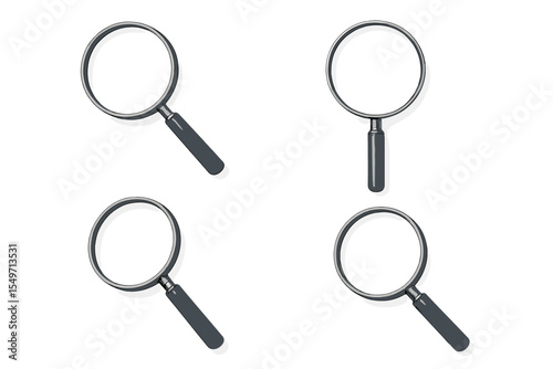 Multiple magnifying glasses arranged in a grid on a plain background suitable for various research and exploration activities