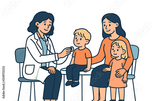 Child receives medical checkup from doctor while mother and sibling watch in a friendly clinic environment