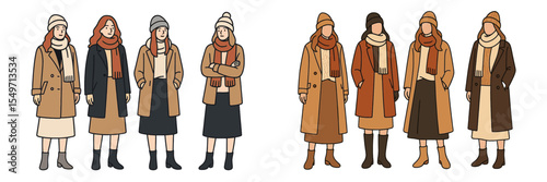 Stylish winter outfits featuring diverse women in cozy settings during a city stroll