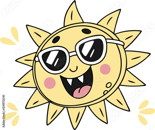 A bright, happy sun cartoon illustration with a smiling face and yellow stars radiates fun summer heat