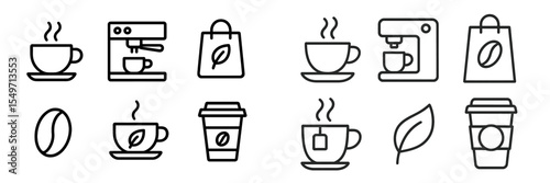 Coffee themed line art collection featuring cups, machines, and beans in minimalistic design for coffee lovers
