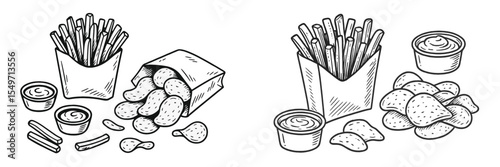 Various types of snack foods served with dipping sauces on a table setting for casual dining enjoyment