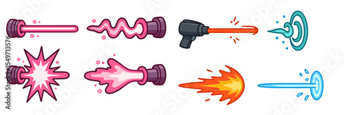 Colorful cartoon energy blasters in various shapes and designs used in imaginative storytelling or gaming