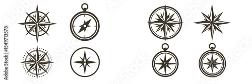 Collection of various compass designs featuring different styles and shapes for navigation and exploration themes