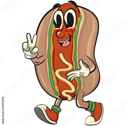 cute hot dog mascot cartoon vector illustration walking with peace sign, funny fast food character isolated on transparent background, work of hand drawn