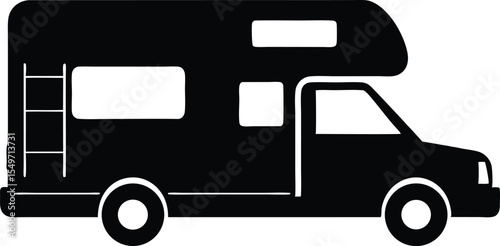 Black and White Silhouette Illustration of a Class C Recreational Vehicle for Travel and Vacation