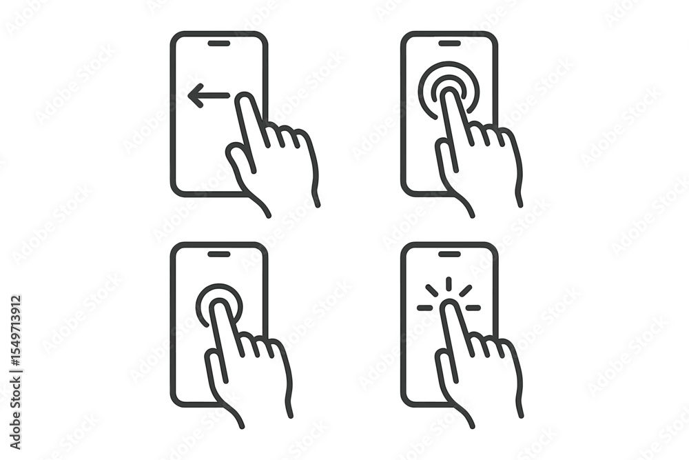 Fototapeta premium Hand gestures shown for navigating mobile devices in a simple graphic layout with four different touch actions