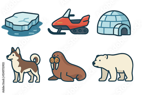 Various arctic animals and activities depicted with cartoon illustrations in a fun, colorful style
