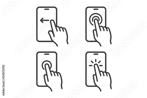 Hand gestures shown for navigating mobile devices in a simple graphic layout with four different touch actions