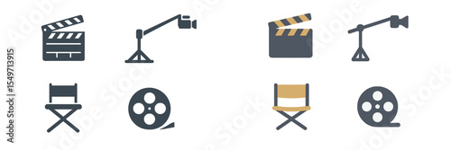 Film production equipment and icons representing the filmmaking process and elements in a creative setting