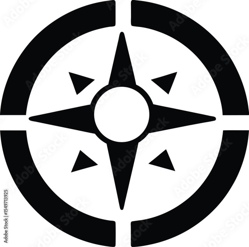 Simple Black and White Compass Rose with Broken Circle for Navigation and Direction