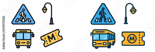 Icons of public transport and pedestrian safety highlighting bus routes and ticketing in urban settings