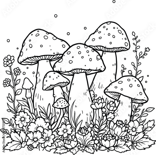 Black vector illustration of five large mushrooms with spotted caps surrounded by assorted forest plants, leaves, and wildflowers—arranged in a dense natural cluster and rendered in a minimalistic 