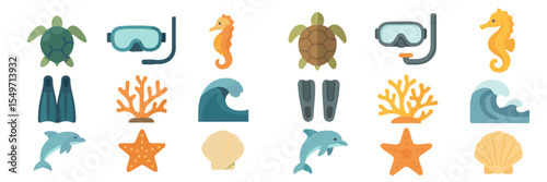 Colorful underwater elements showcase marine life and activities during a vibrant diving adventure in a tropical ocean setting