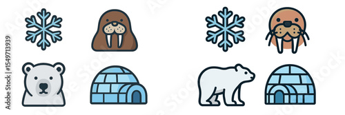Winter wildlife icons featuring polar bears, walruses, and snowflakes in a playful design suitable for educational use