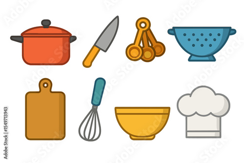 Colorful kitchen utensils and tools arranged on a flat surface for cooking preparation