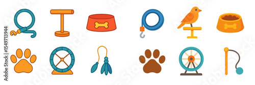 Collection of pet care icons representing essential supplies and equipment for animal lovers and pet owners