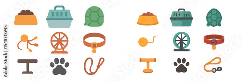 Variety of pet supplies including food bowls, carriers, and accessories for small animals in vibrant colors