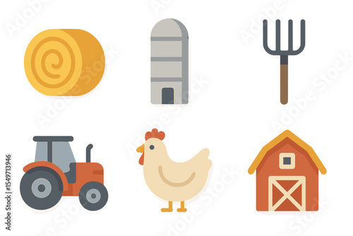 Agricultural elements featuring hay, a silo, tools, a vehicle, and farm animals in a rural setting