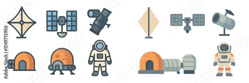 Various space exploration icons showcasing equipment, astronaut, and habitats for future missions