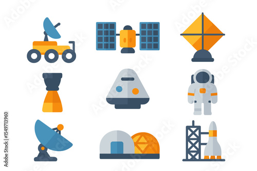 Exploration and technology illustrated in various space-related elements showing satellites, rovers, and astronauts during a mission