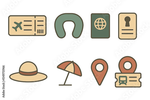 Travel essentials including tickets, passport, and beach hat arranged on a light background for vacation planning