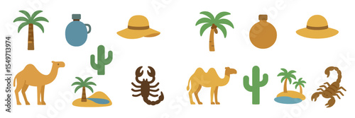 Colorful desert elements illustrating wildlife and plants in a vibrant digital design, perfect for summer themes and nature lovers