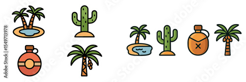 Desert oasis with palm trees, cacti, and water resources depicted in vibrant illustrations showing essential survival elements
