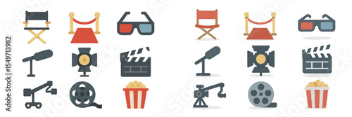 Colorful film and cinema icons representing various aspects of movie production and viewing experiences