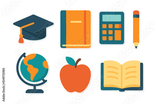 Colorful school supplies and symbols representing education and learning in a flat design style