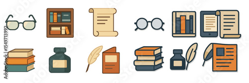 Minimalistic illustrations of reading materials and writing tools arranged on a simple background showcase a love for literature and knowledge