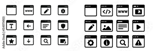 Collection of black and white web icons representing various digital activities and tools on a grid layout