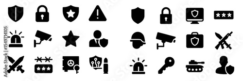 Collection of security and protection icons showcasing various elements of safety and surveillance in a modern design
