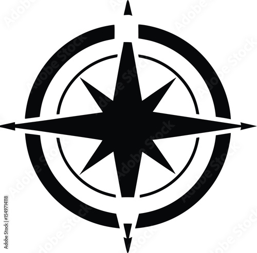 Black and White Compass Rose with Double Circle and Arrowhead Points on a White Background