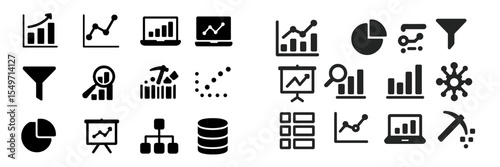 Collection of analytical symbols representing data visualization and digital analytics tools in a modern design