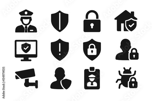 Security icons representing safety measures for online protection and physical security in various environments