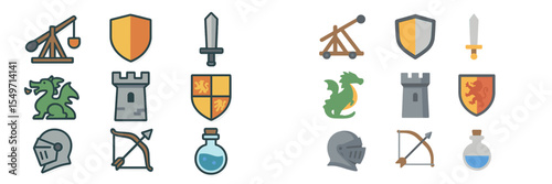 Collection of medieval icons featuring weapons, shields, dragons, and siege machinery in a colorful design suitable for games or illustrations