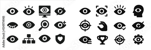 Collection of eye-related icons representing vision, observation, and attention in various formats and styles