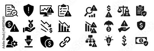 Various icons depicting financial risk assessment and management in a monochromatic design