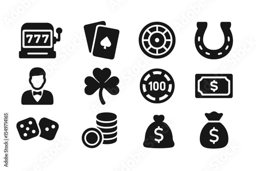 Iconic symbols of gambling featuring slot machines, cards, and chips in a stylized design for gaming enthusiasts