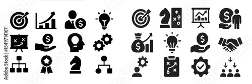 Various business and marketing icons representing strategy, finance, and teamwork in a modern design