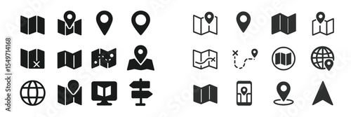 Various black map icons showcasing navigation symbols, landmarks, and geographic representations useful for digital applications