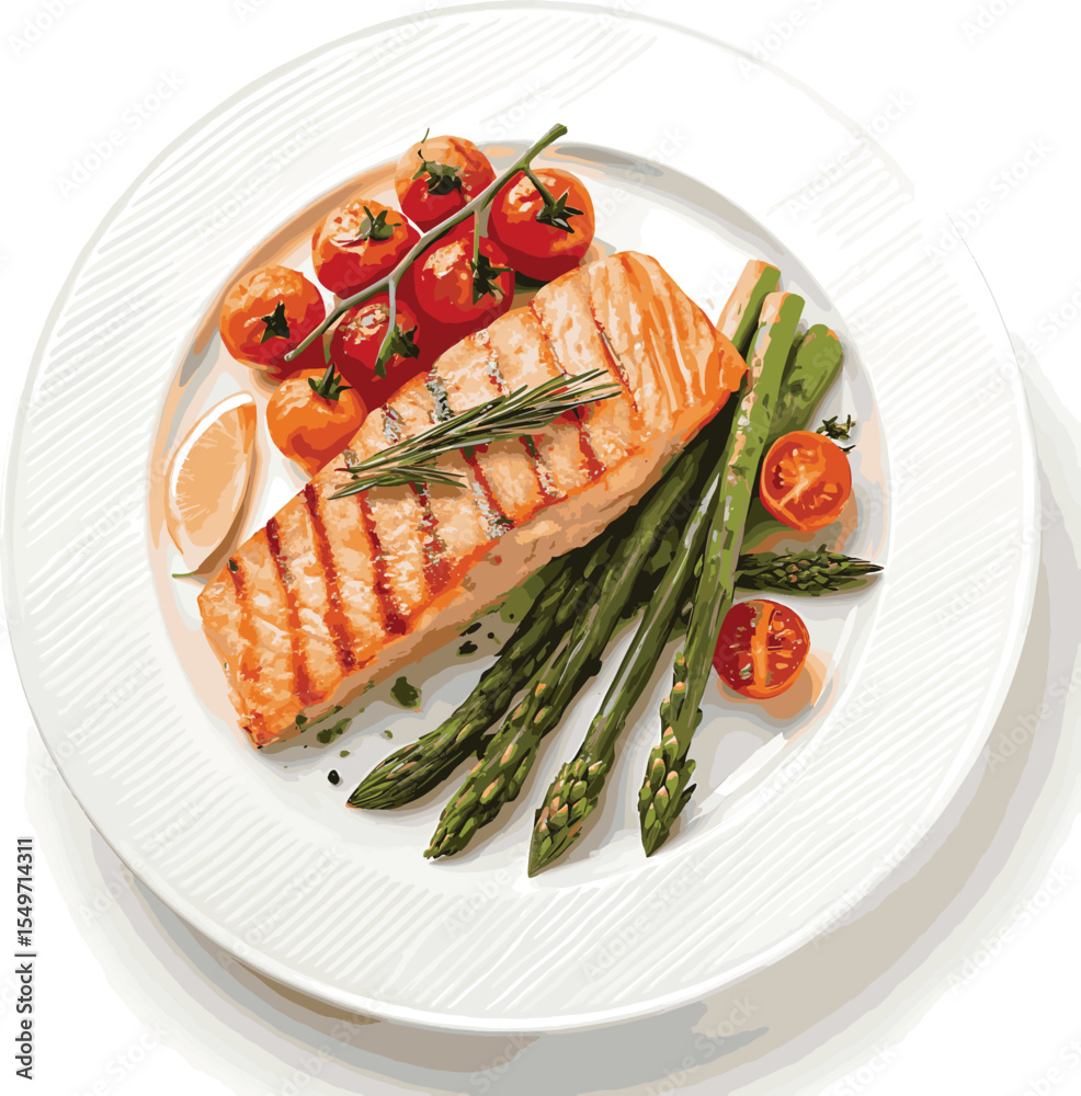 Grilled salmon steak with roasted vegetables and a fresh salad, a healthy and delicious meal