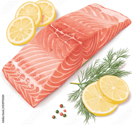 Fresh raw salmon steaks, some with herbs, lemon, and parsley, ready for cooking