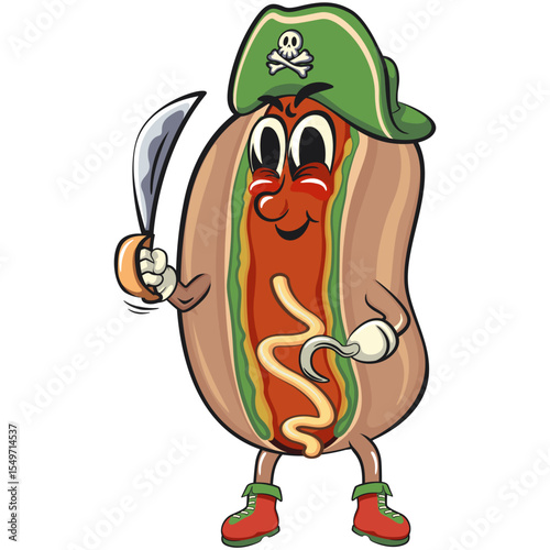 cute hot dog mascot cartoon vector illustration wearing a pirate hat while holding a machete and using hooks, funny fast food character isolated on transparent background, work of hand drawn