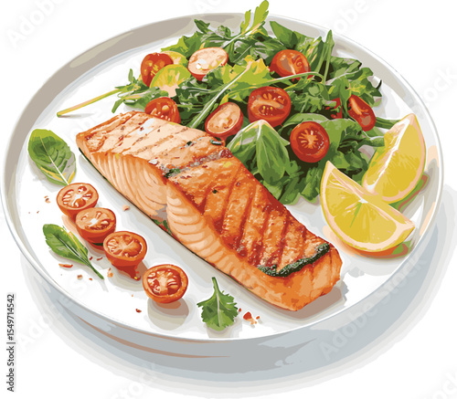 Grilled salmon steak with lemon and dill served as a healthy dinner