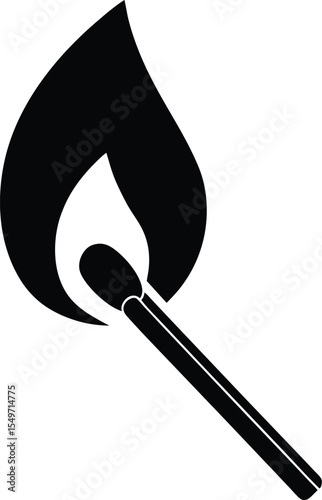 Simple Black Silhouette of a Lit Matchstick with a Flame on a White Background