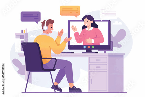Flat cartoon vector illustration of a man and woman having a video call isolated on transparent background