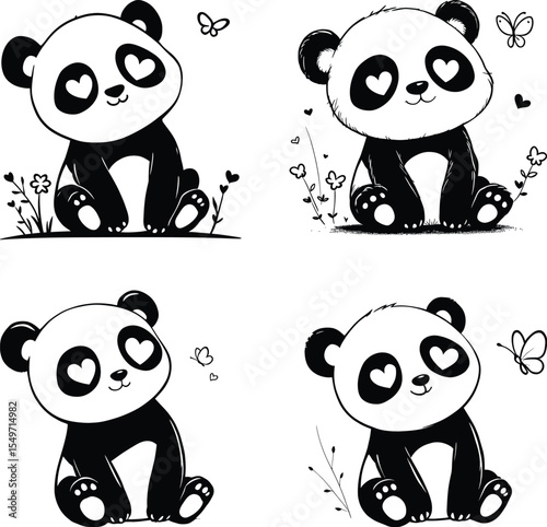 Black and white vector illustration of four cartoon pandas with heart-shaped eyes and joyful expressions—each surrounded by decorative elements like flowers, hearts, and butterflies